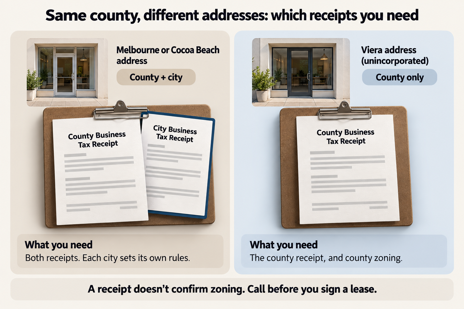 A Melbourne or Cocoa Beach address needs both a county and a city business tax receipt, while an unincorporated Viera address needs the county receipt only