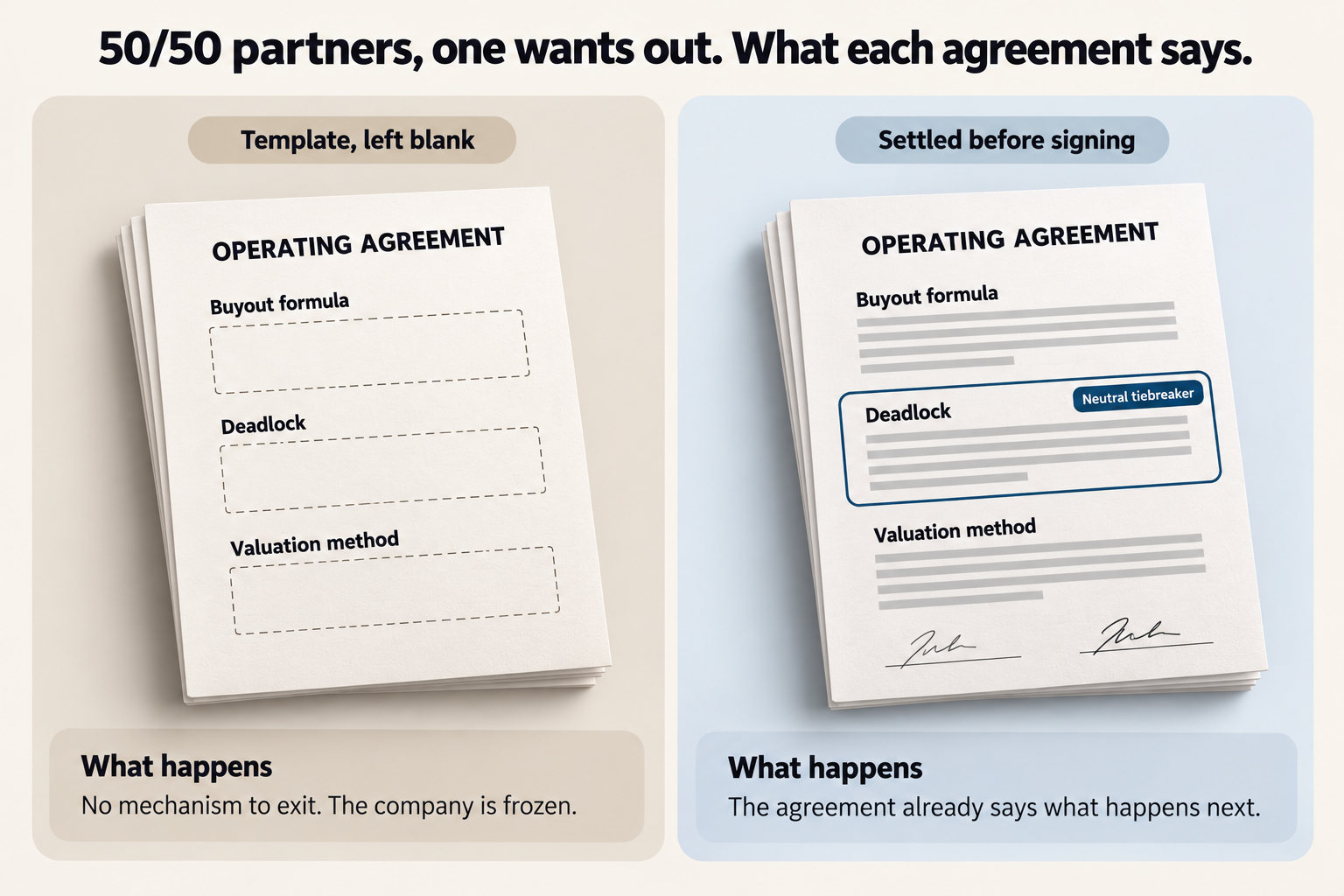 Two operating agreements for 50/50 partners, one template with the buyout formula, deadlock and valuation method left blank, the other settled before signing with a neutral tiebreaker